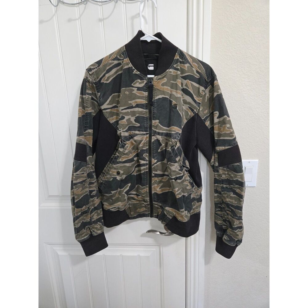 G-Star RAW Men’s Medium Camo Bomber Jacket Green Brown Ribbed Military Style